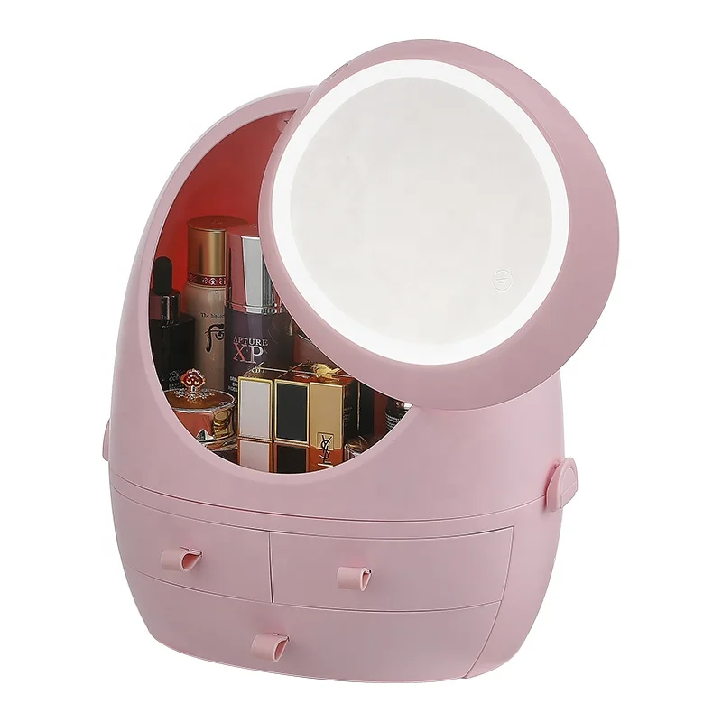 

Amazon hot sale USB Rechargeable LED Lights mirror Makeup Storage Box Portable dust water proof Cosmetic Organizer, Pink/white/green