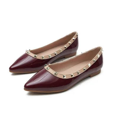 

Large Size 34-43 Microfiber Leather Women Flats Shoes Rivet Flat Heel Shallow Patent-leather Rivet Shoes Ladies Single Shoes, Black,apricot,wine red