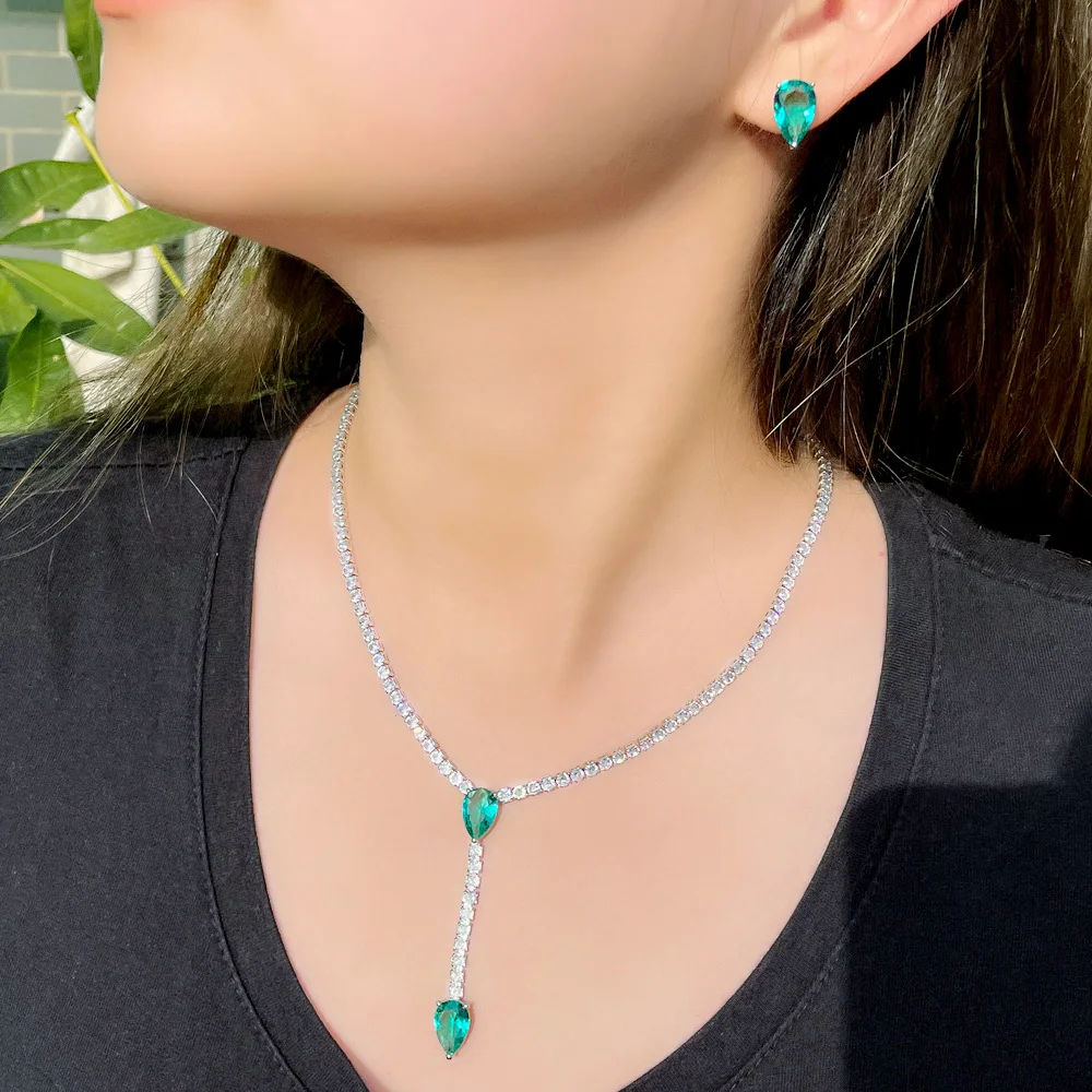 Simple Fashion Tassel Water Drop Green CZ Crystal Women Wedding Necklace and Earring Set Chic Bridal Jewelry Accessories