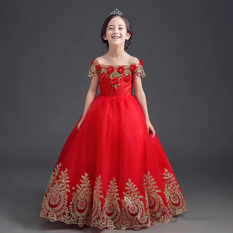 

Luxury V Neck Red Short Sleeve Wedding Dress Flower Girl Dresses Kids Apparel Clothes Girl Dress, Picture shows