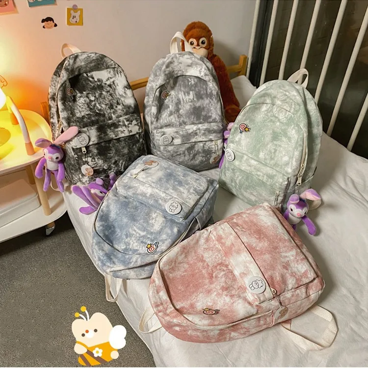 

2021 Korean Tie Dye Gradient Backpack Female Canvas Back Pack Colorful Gradient Junior and High School Students Bag For Girl Boy, Black, blue, green, pink, gray