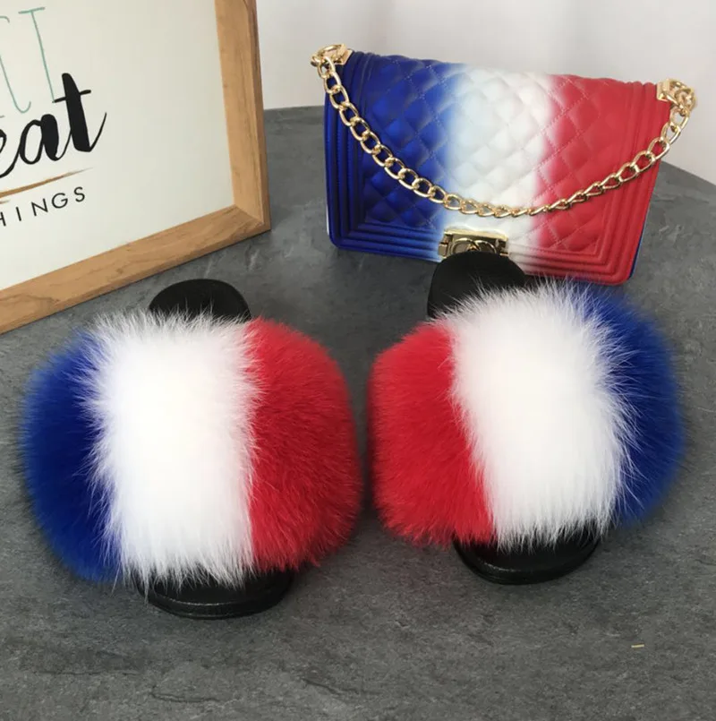 

2021 fashion trend rainbow color PVC bag and sandal fur slides wallet purse set, Multi-color gradient.