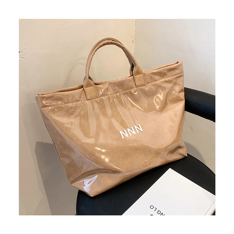 

Large Capacity Tote Retro Kraft Paper PVC Transparent Double-sided Handbags Trendy Letter Shopping Bags Big Travel Hand Bags