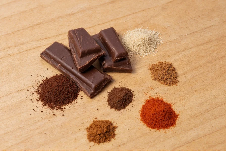 Various secret ingredients for chili including coffee, dark chocolate, and smoked paprika arranged on kitchen counter