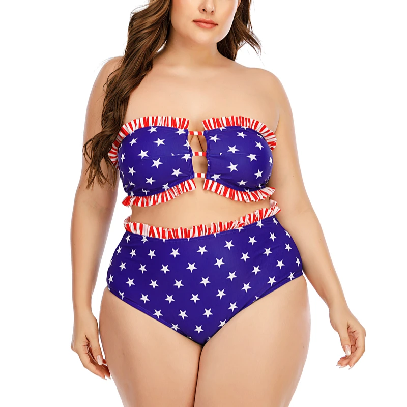 

Women Two Piece Push Up Bandeau Swimsuits High Waisted Ruffle Bikini Star Bathing Suit Tummy Control Swim Suit