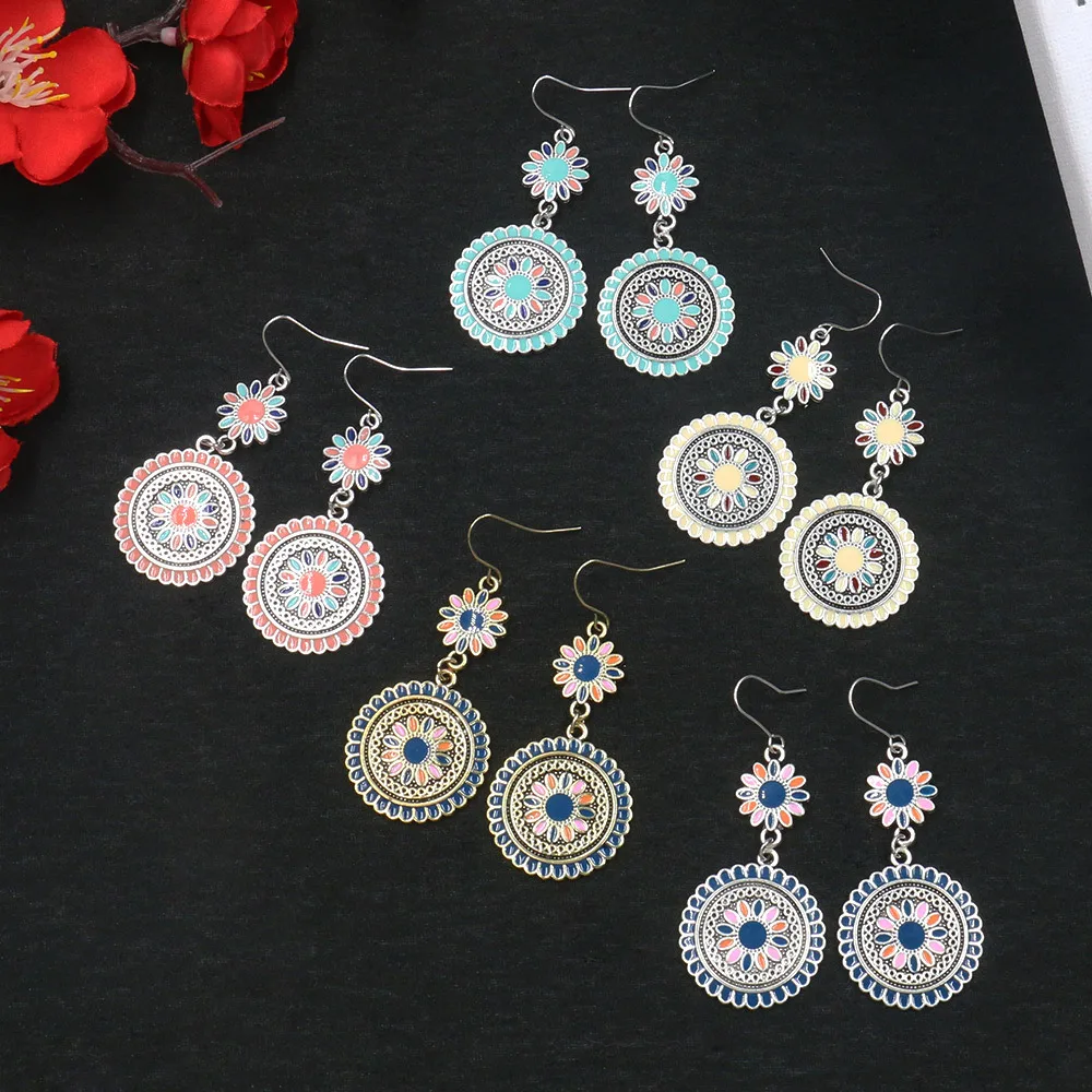 

2021 Fashion Creative Carved Flower Pattern Statement Drop Oil Color Vintage Island Earrings for Women
