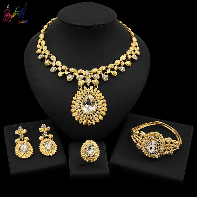 

Hot Sale Large Jewelry Diamond Dubai 24K Gold Jewelry Set Stainless Steel Teardrop Wedding Party Exclusive Costume Jewelry Set f