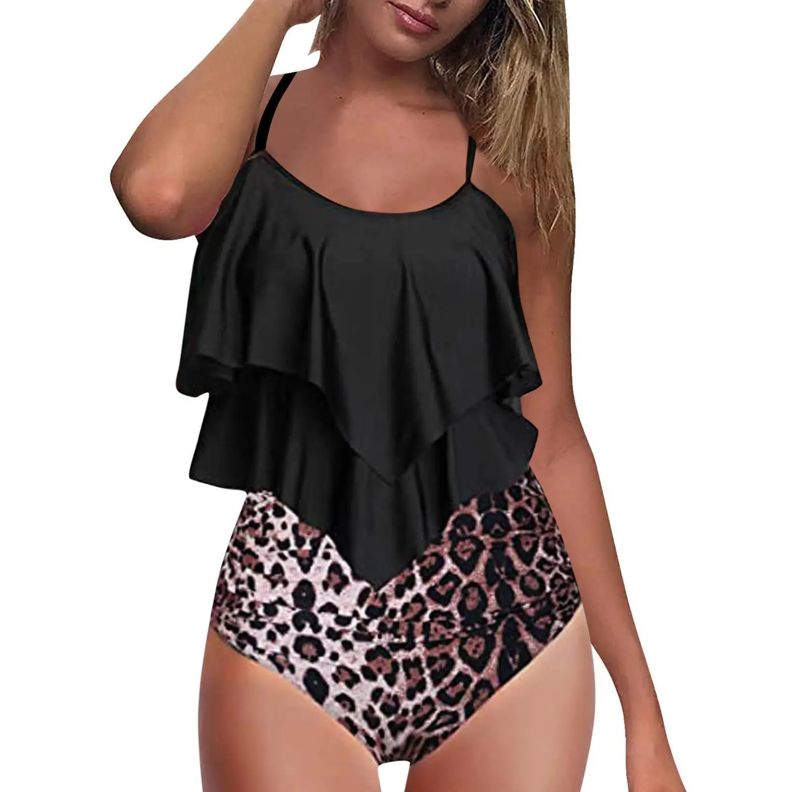

2022 Black double Ruffle edge open back strap breast cushion swimsuit women's swimsuit direct sales