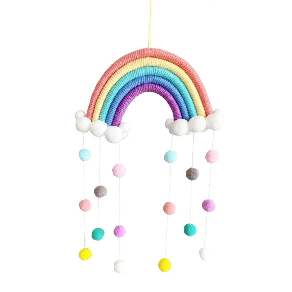 

Cute Wall Hanging Home Decor Pom Pom Colorful Macrame Woven Cloud Kids Room Decoration, As photo showing