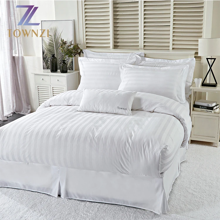 New hot luxury 100 % cotton comfortable white stripe bed sheet 4pc star hotel bedding set