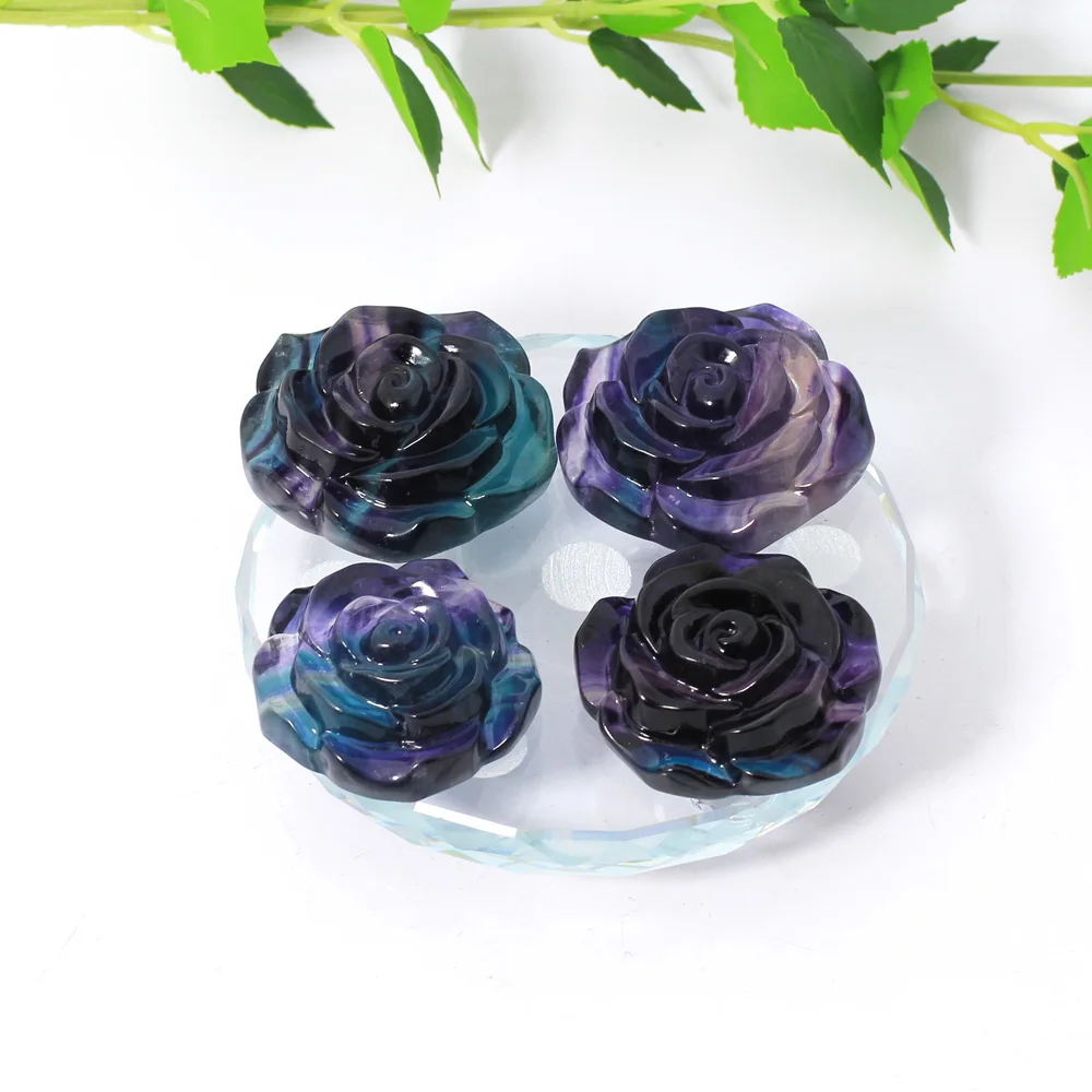 

Hot Sale Natural Fluorite Carving Healing Stone Crystal Carving Rainbow Fluorite Rose For Gift