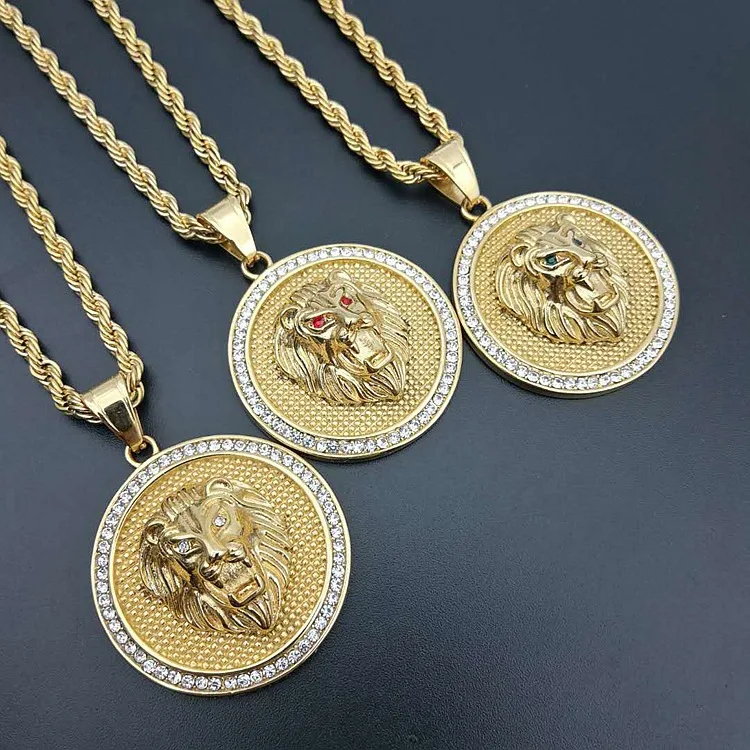 

High Quality Hip Hop Style Stainless Steel Titanium Rhinestone Crystal Crown Lion Charm Pendant Necklace Men