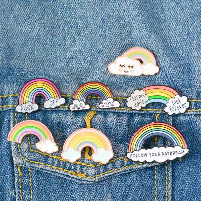 

Cute Rainbow Enamel Pins Cartoon Rainbow Clouds Brooches Badge Jeans Lapel Pin, As show
