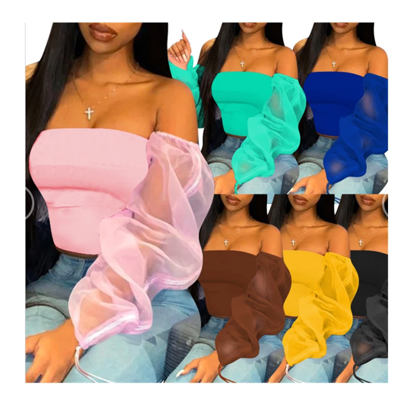 

2020 Hot Sale Fashion Women T-shirt Ladies Crop Top Sexy Off Shoulder Blouses For Women Shirts Mesh Sleeve Sexy Slight Tops, Pink/black/brown/green/blue