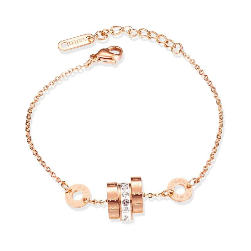 

Plated Rose Gold Jewelry Roman Numerals With Zircon 316L Stainless Steel Bracelet Femme, Gold, rose gold