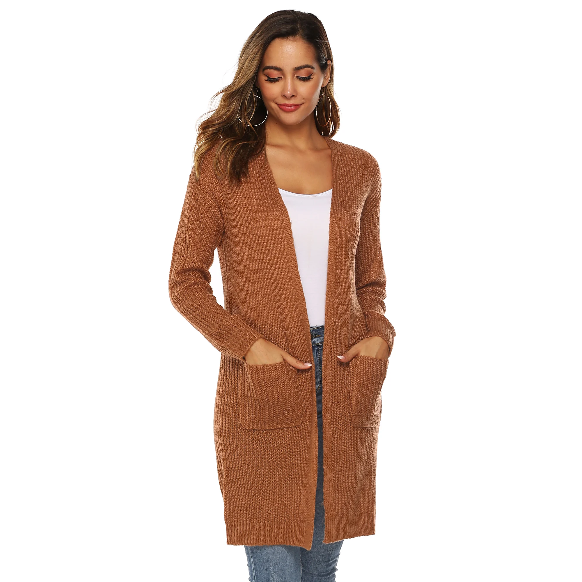 Women's pure color large pockets cardigan long coat autumn fashion knitted sweater