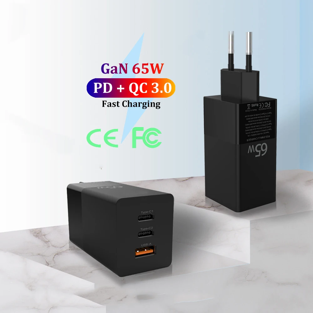 

Free Shipping 1 Sample OK GaN Charger 65w 3 Ports PD Wall USB Charger QC 4.0 3.0 PD Fast Charging 65w For iPhone 12
