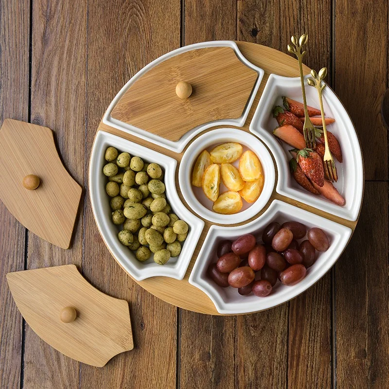 

Factory direct Sugar tray Ceramic divider with cover fruit tray rotating bamboo stand Nordic style fruit display plate