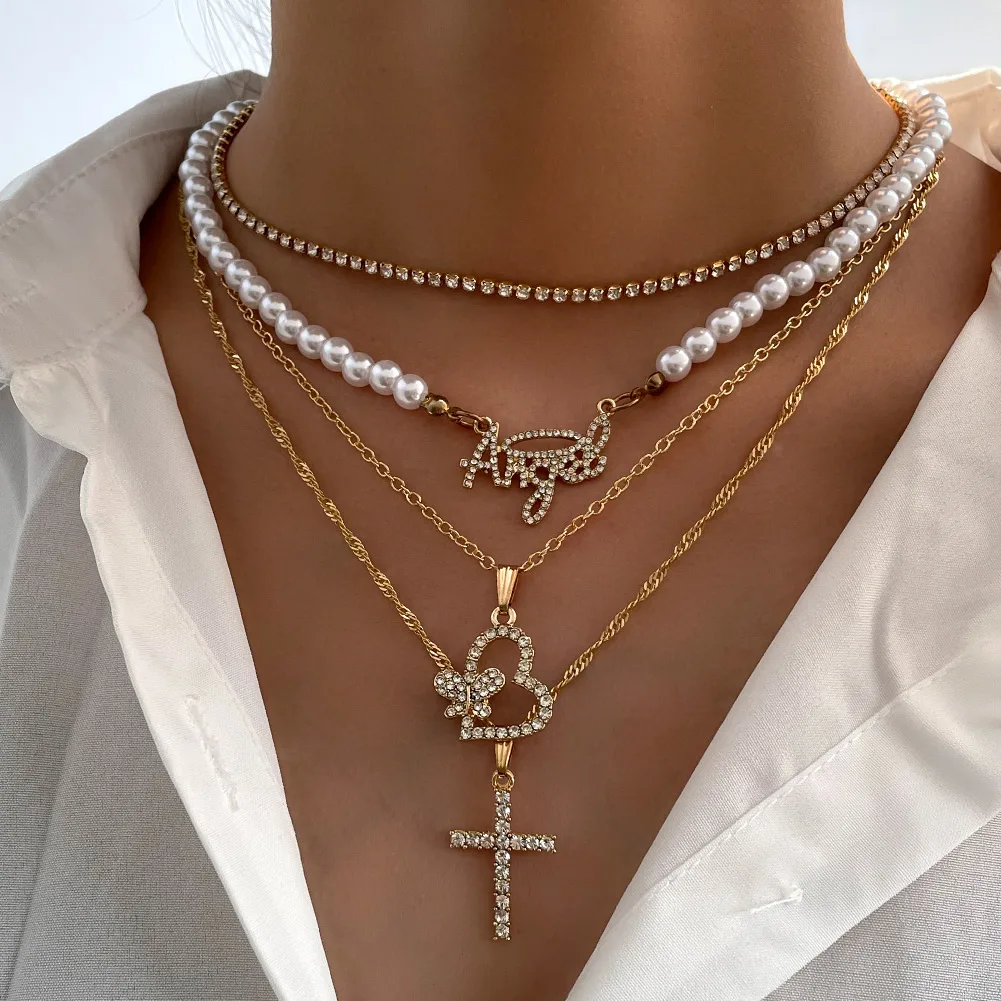 

Exquisite Multilayer Natural Freshwater Pearl Link Chain Angel Letter Charm Love Heart Cross Necklace For Women, Gold plated