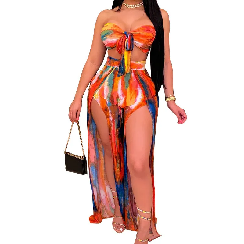 

2021 Hot sale printed sexy tube top two-piece suit Iridescent Corset Sleeveless women dress Sexy Autumn Women Fall 2 Piece Set