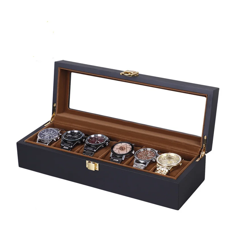 

Eco-Friendly Rectangular Custom Wooden Gift Box Packaging For Watch, Watch Box 6 10 12 Slots, Black lacquered with brown velvet