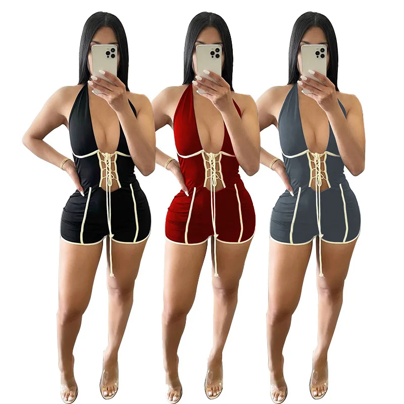 

Wholesale 2021 newest fashion hot sale casual sexy hollow out drawstring halter neck one piece shorts jumpsuit, 3 color and also can make as your request