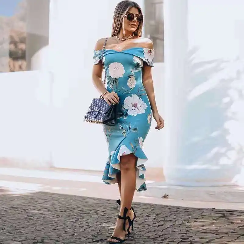 

2020 New Summer off shoulder design women casual floral print long ruffle dresses