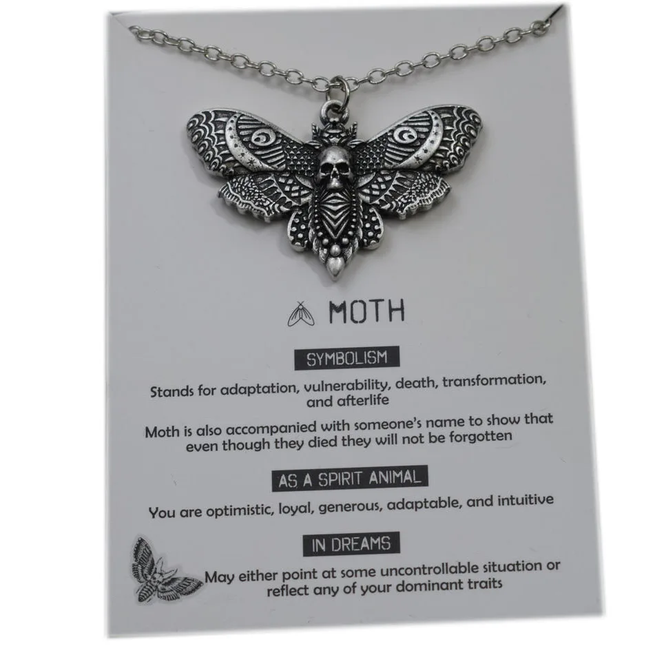 

Deaths Head Skull Moth necklace with card rebirth meaning gift for her