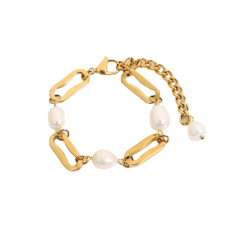 

Trendy Geometric Paper Clip Chain Baroque Freshwater Pearl Bracelet 18K Gold Plated Stainless Steel Bracelet 2021 New, Gold color