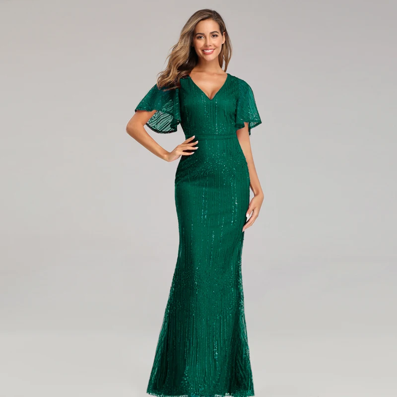 

Custom Elegant Long Maxi V Neck Short Sleeve Green Long prom Evening Gown Dress for Women, As shown