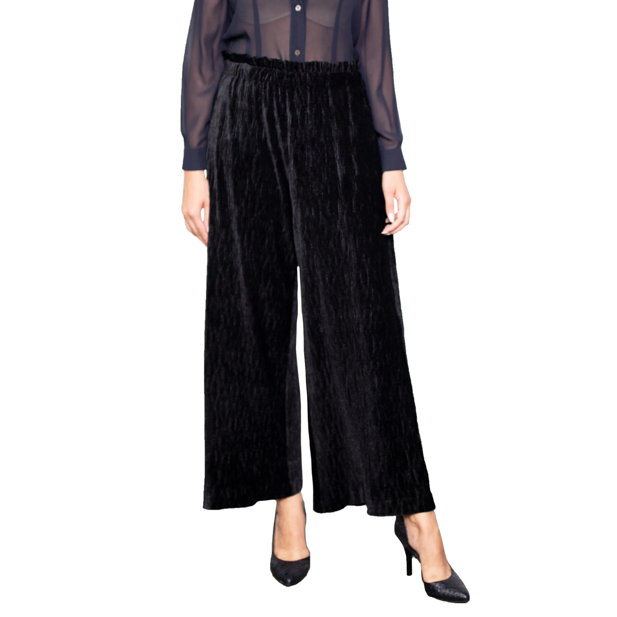 妇女的秋季冬季黑色天鹅绒百褶宫弹性腰围长裤 - buy 女式松紧腰裤子