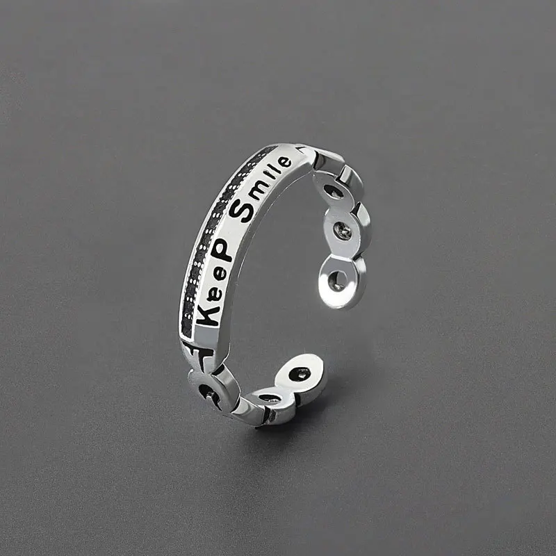 

Wholesale Fashion Silver Plated Jewelry Resizable Ring Keep Smile Word Chain shape Opening Adjustable Rings