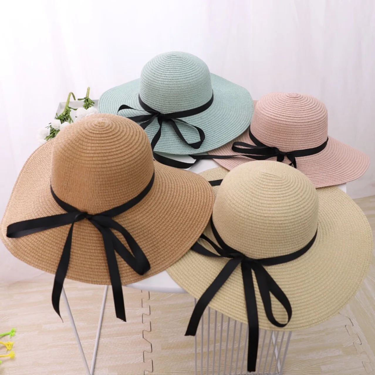 

wholesale female visor hat handmade floppy collapsible summer sun straw hat outdoor travel beach fashion ladies hat, Mix colors