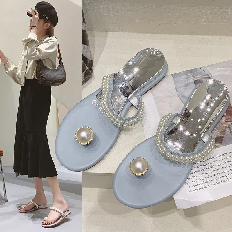 

New 2021 Summer Diamond Jelly Slides Ladies Flat Pearl Fashion Women Flip Flops Slippers, White,blue,purple