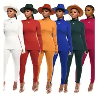 

A100333 new arrival stand neck solid color rib fabric Long Sleeve Woman Pants Suit Two Piece Set 2019