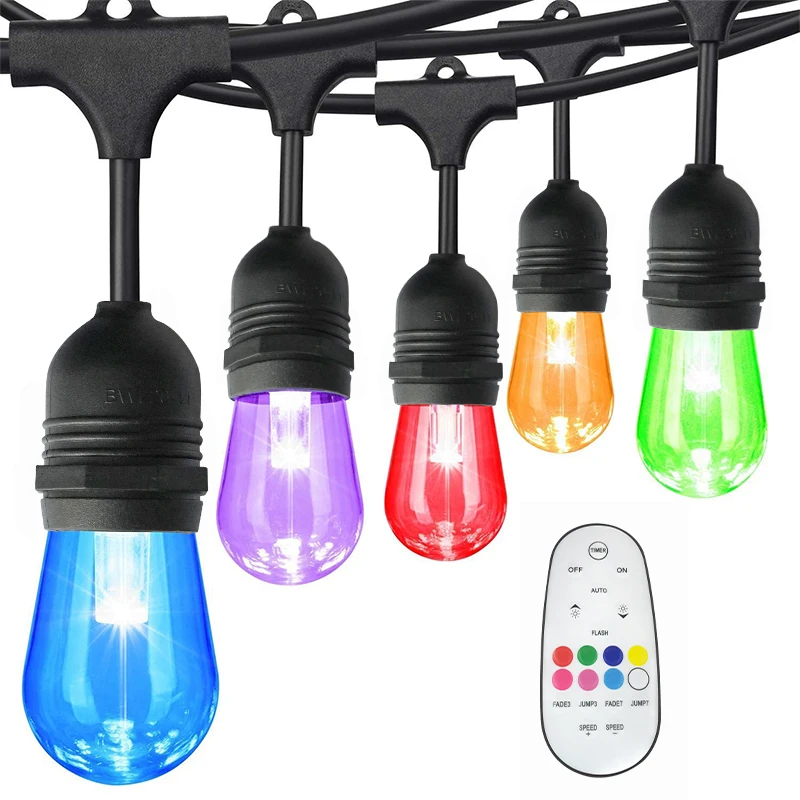 48 foot outdoor weatherproof led string lights RGB+Warm white patio string lights with hanging sockets