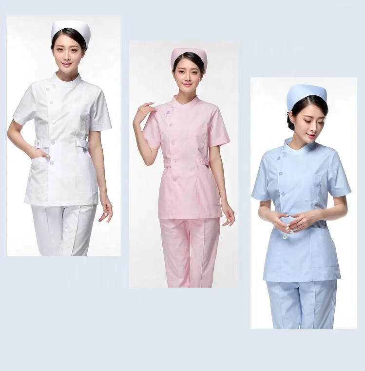 

Pink white blue short sleeve 2 piece set nurse uniform, White,pink,blue