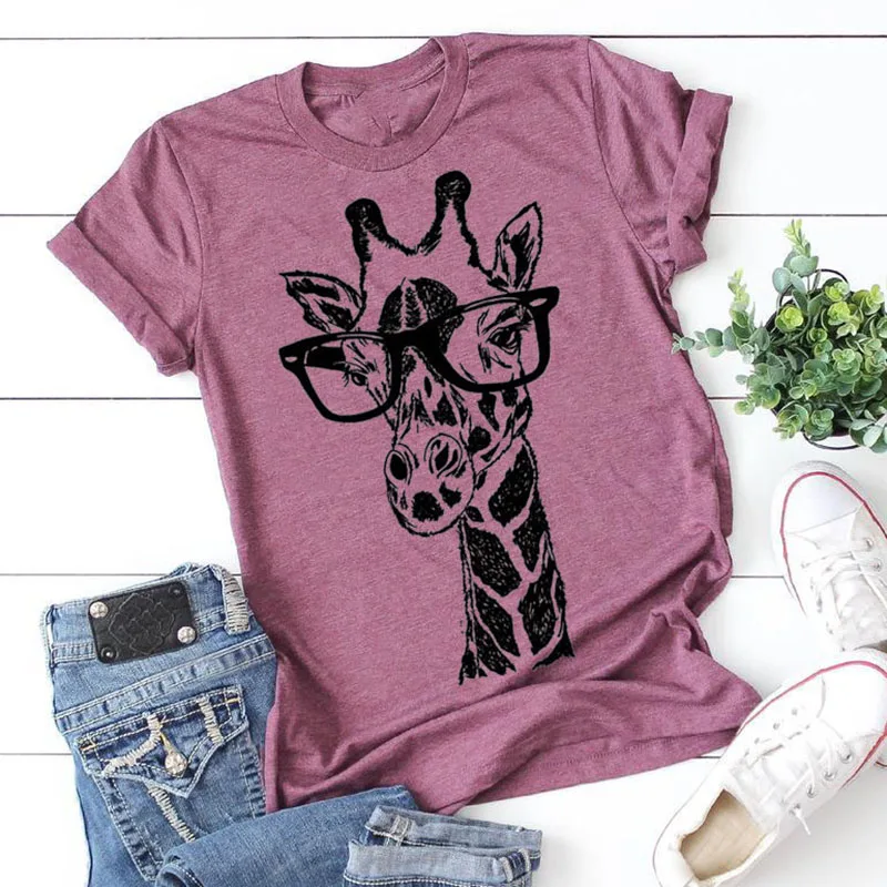 

2020 New Summer Giraffe Print T Shirts for Women Cartoon Casual T-shirt Lady Short Sleeve Tops Tees Shirt Female Clothes Femme