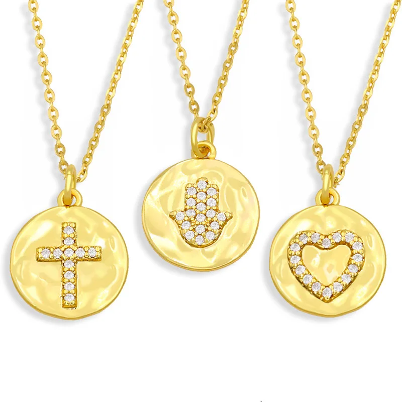 

Gold Coin Cross Diamond Pendant Necklace Fashion Short Clavicle Chain Love Eye Sweater Chain, Gold color necklace