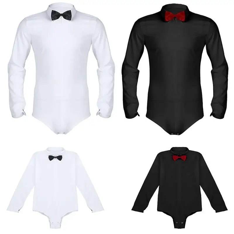 

iEFiEL Mens Dance Long Sleeve Zipper Solid Color Latin Modern Dance Shirt with Bowtie Bodysuit Romper Zipper Tuxedo Leotard