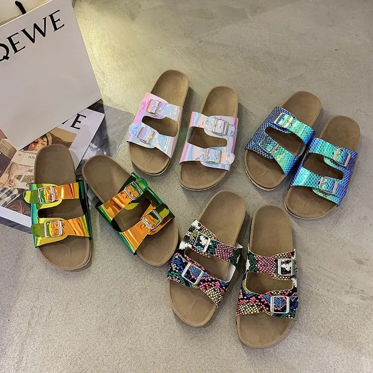 

SD-203 2020 fashion latest glitter laser double strap cork sandals for women summer flat cork buckle sandals wholesale slipper, Picture show , squine colors