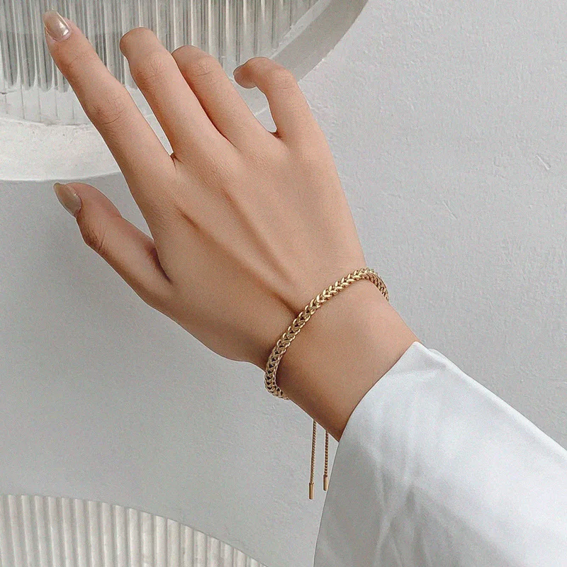 

Wholesale Gold Plated Minimalist Bracelet Stainless Steel Woven Chain Bracelet Women Adjustable Gold Chain Bracelet Jewelry