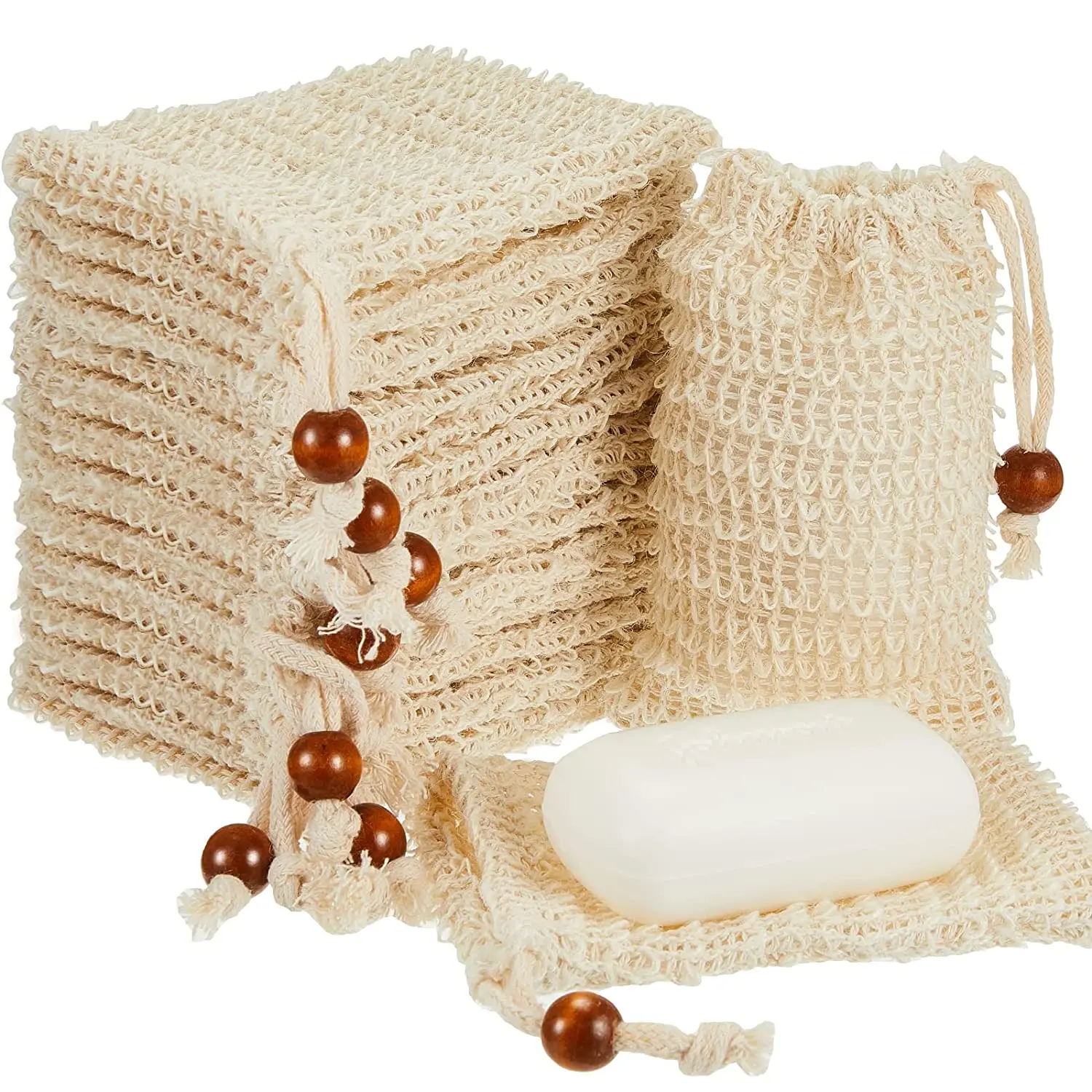 

Soap Saver Bag Sisal Exfoliating Pouch with Drawstring Bar Soap with Wooden Bead Foaming and Drying Soap