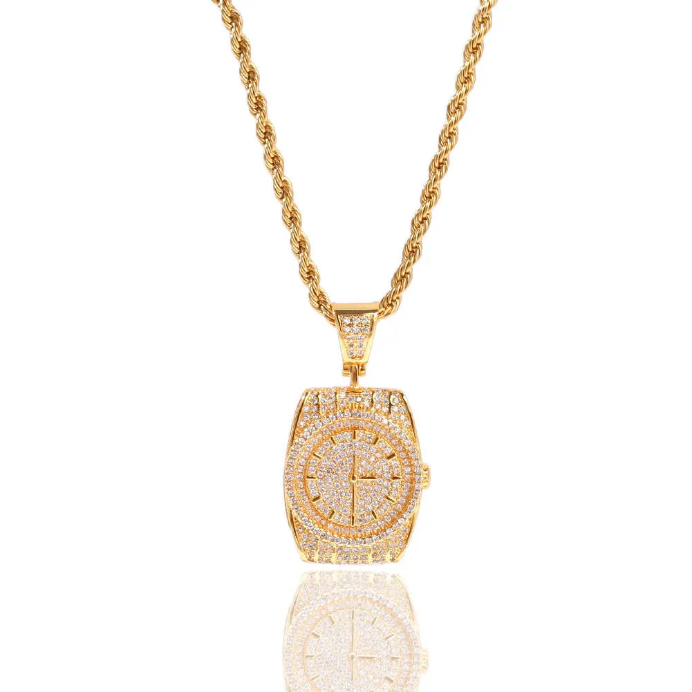 

New Fashion Designer Iced Out Watch Shaped Bling Bling CZ Gold Hip Hop Pendant Fashion Rapper Mens Jewelry NPT1132