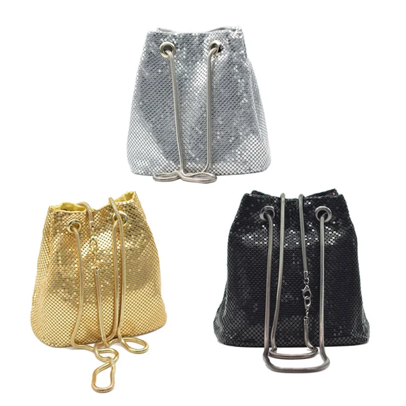 

Grey Black Golden color bling bling fashion daily women chain bucket bags, As picture show
