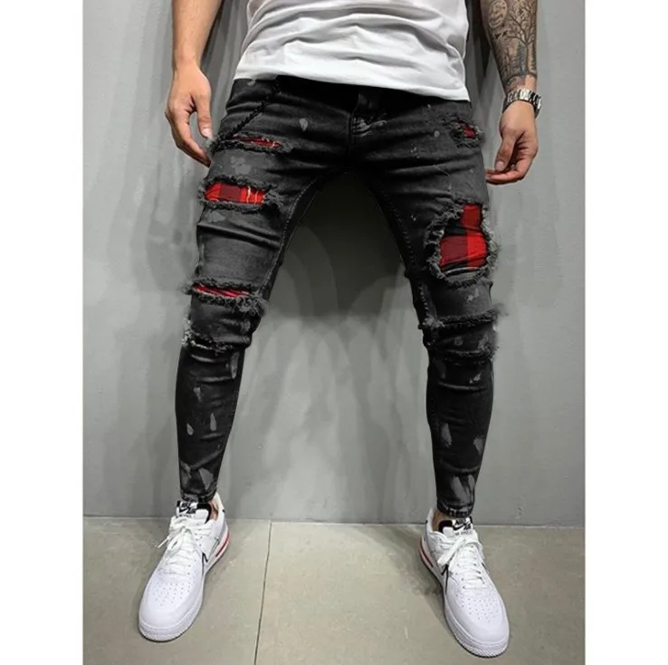 

2021 fashion Jeans Men High Quality Straight Patch Beggar Hole Jean Trousers Flocking Warm Men's Pants Male