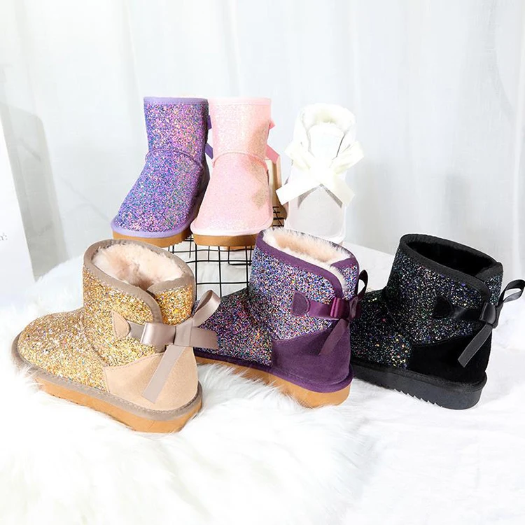 

Custom Fashionable Outdoor Bling Bling Glitter Girls Snow Vegan Fur White Ankle Boots for Women