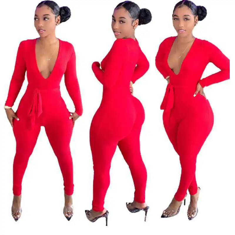 

2022 Wholesale Fashion Women Spring Fall Outfits Clothing Solid Color Long Sleeve Long Leg With Belt Women Sexy Umpsuit