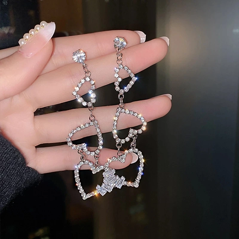 

Kaimei Mujer Moda Bijoux Silver Color Brincos Pendientes Jewelry Korean Luxury Rhinestone Hollow Heart Long Drop Earrings, Many colors fyi