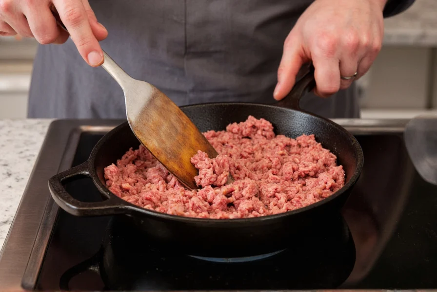 Professional chef browning ground beef in cast iron skillet for crockpot chili preparation